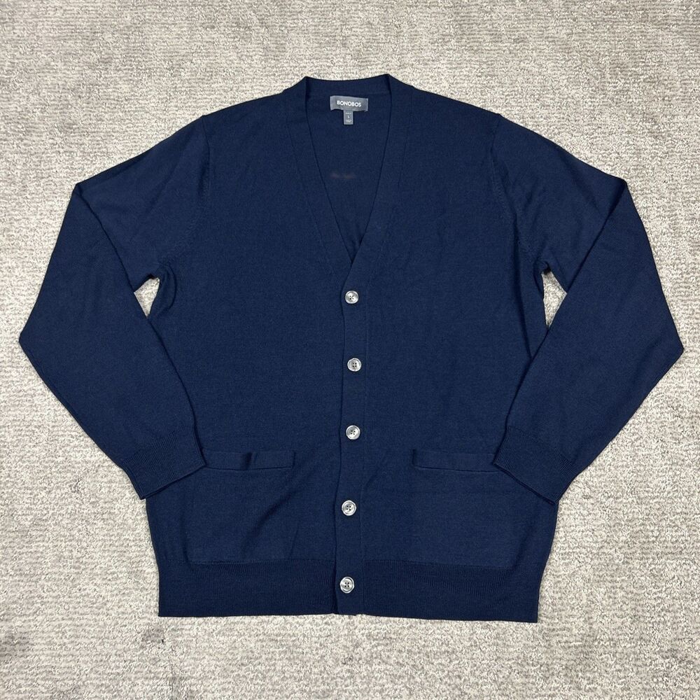 Bonobos Cardigan Sweater Mens Large V-Neck Pockets Button Front Merino Wool Navy